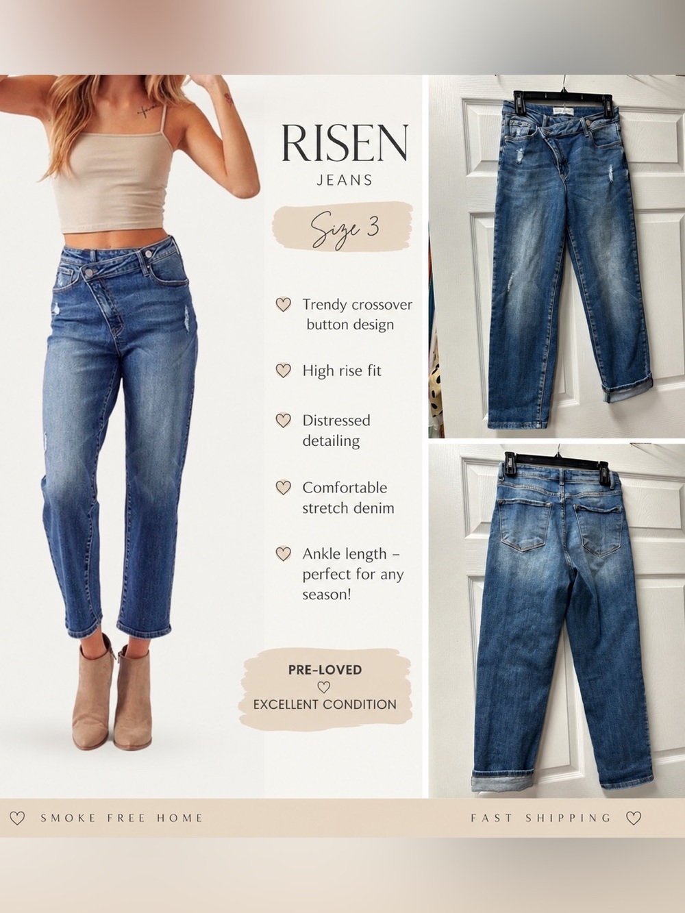 Risen High-Rise Crossover Button Jeans - Blue (Size 3)